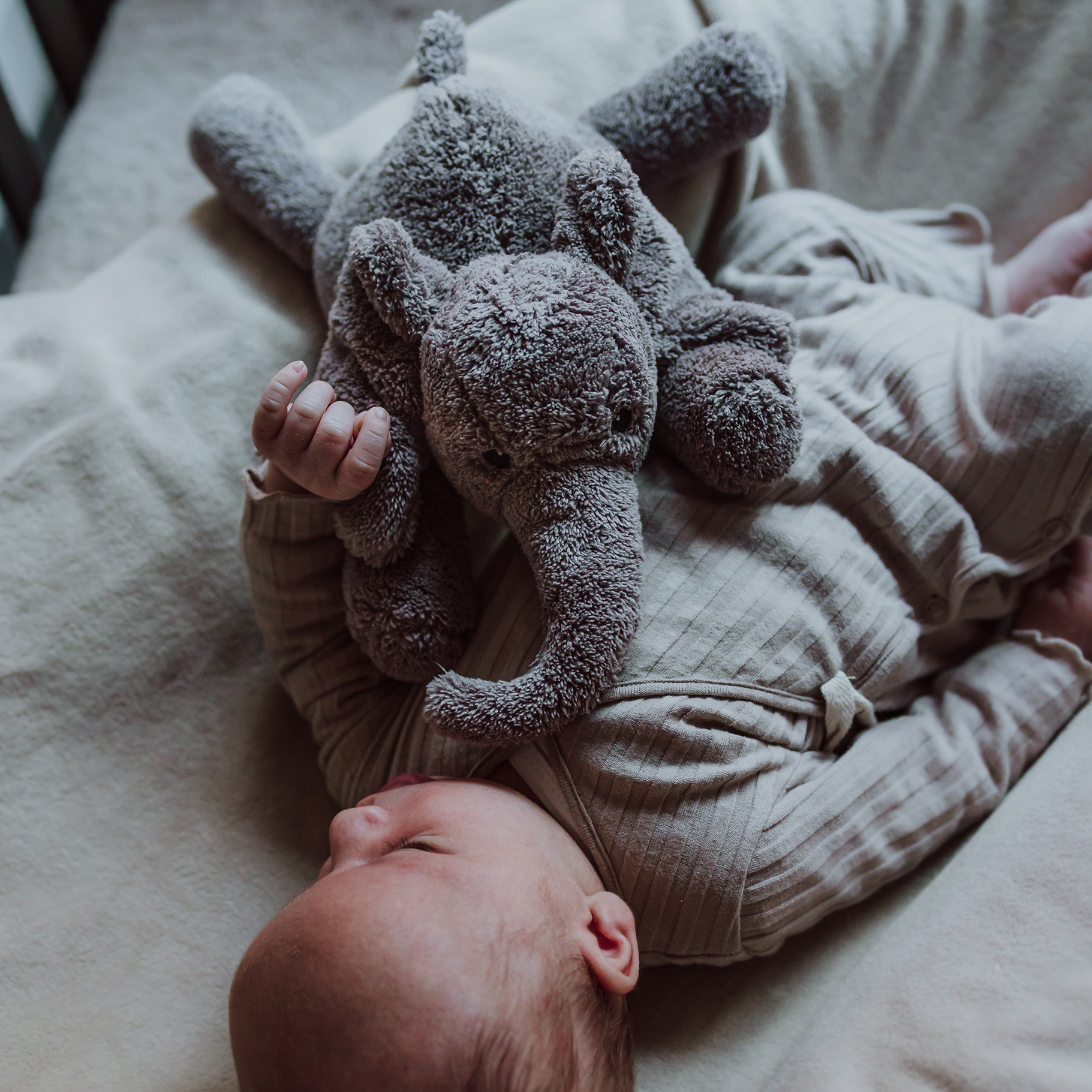 Bébé allongé sur un lit avec la peluche George l’Éléphant gris Flow Amsterdam posée sur lui – moment doux et apaisant