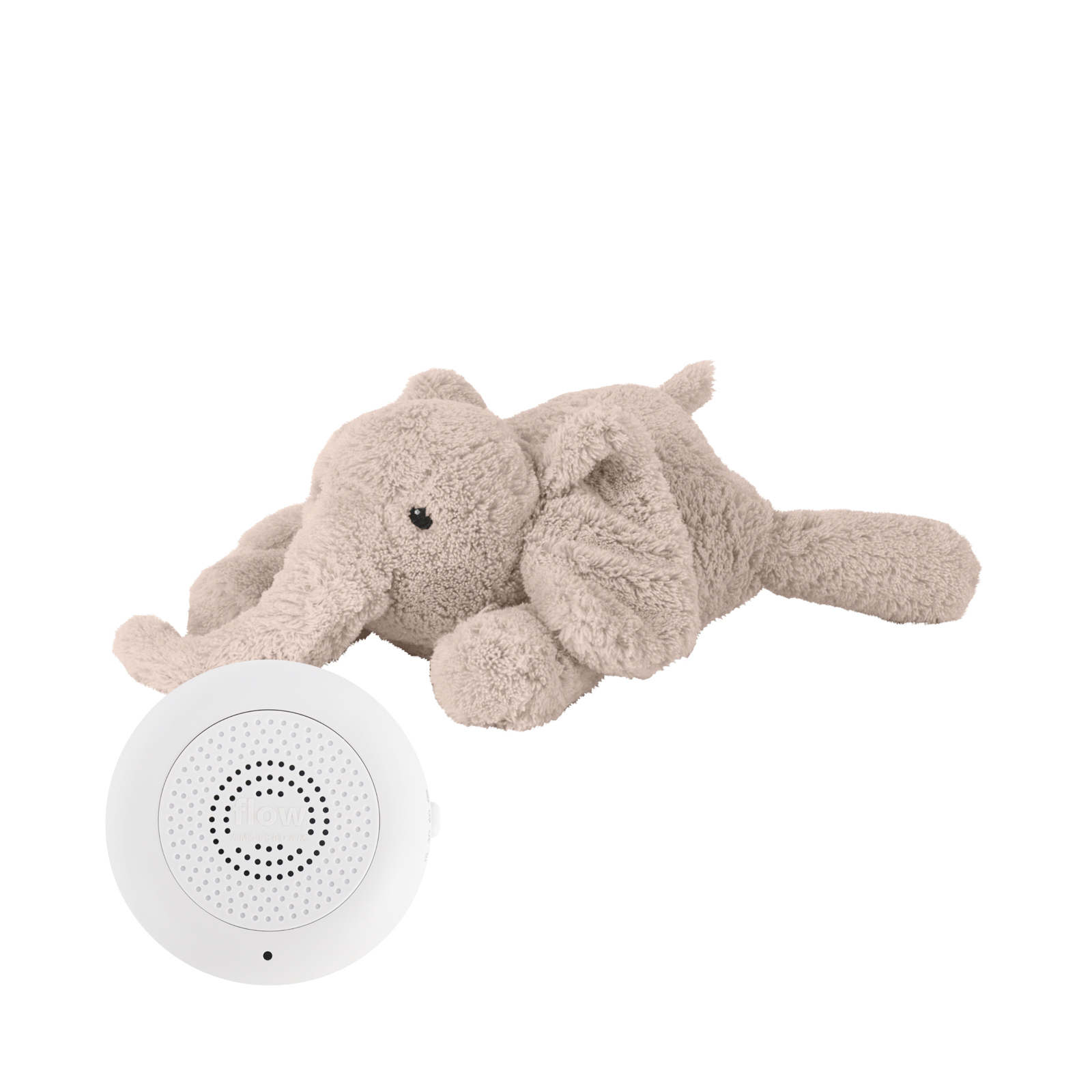 Peluche bruit blanc éléphant Flow Amsterdam avec boîtier sonore amovible