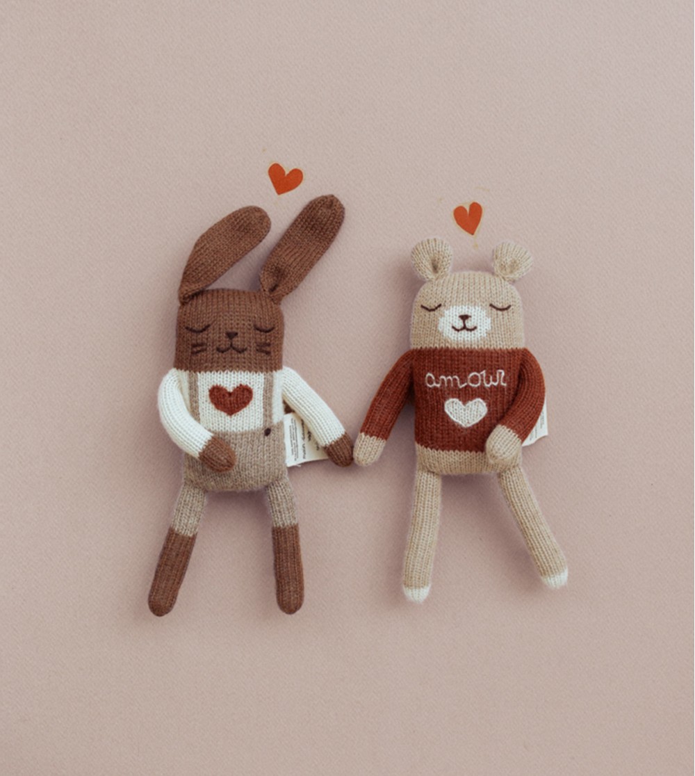 Doudous Lapin Amour et Ourson Amour Main Sauvage posés sur fond rosé avec des cœurs dessinés – bras presque liés