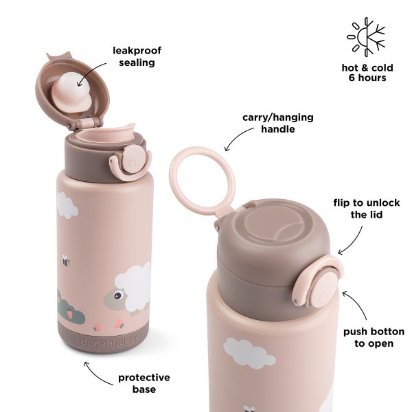 Gourde isotherme rose 340 ml Done By Deer avec bouchon sécurisé, poignée de transport et base antidérapante
