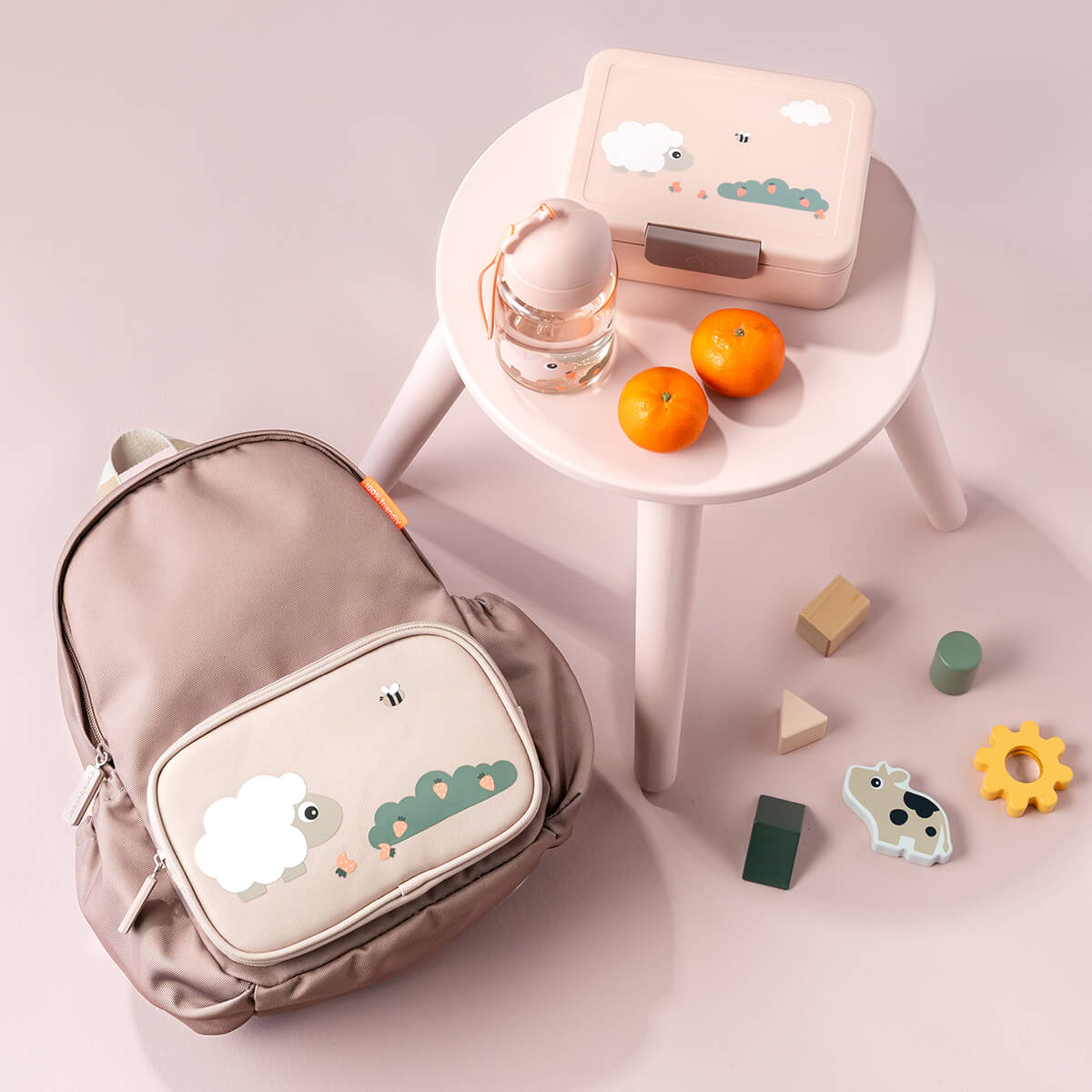 Ensemble sac à dos maternelle enfant rose avec boîte à goûter et gourde Done by Deer