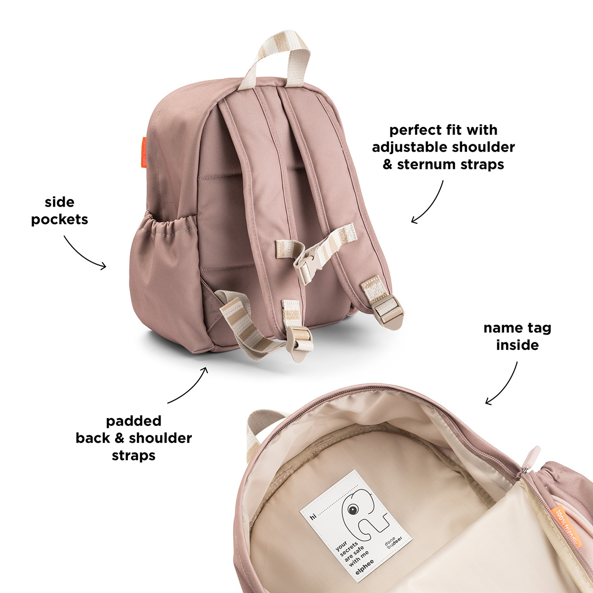 Détails fonctionnels du sac à dos maternelle enfant rose Done by Deer – bretelles réglables et étiquette prénom