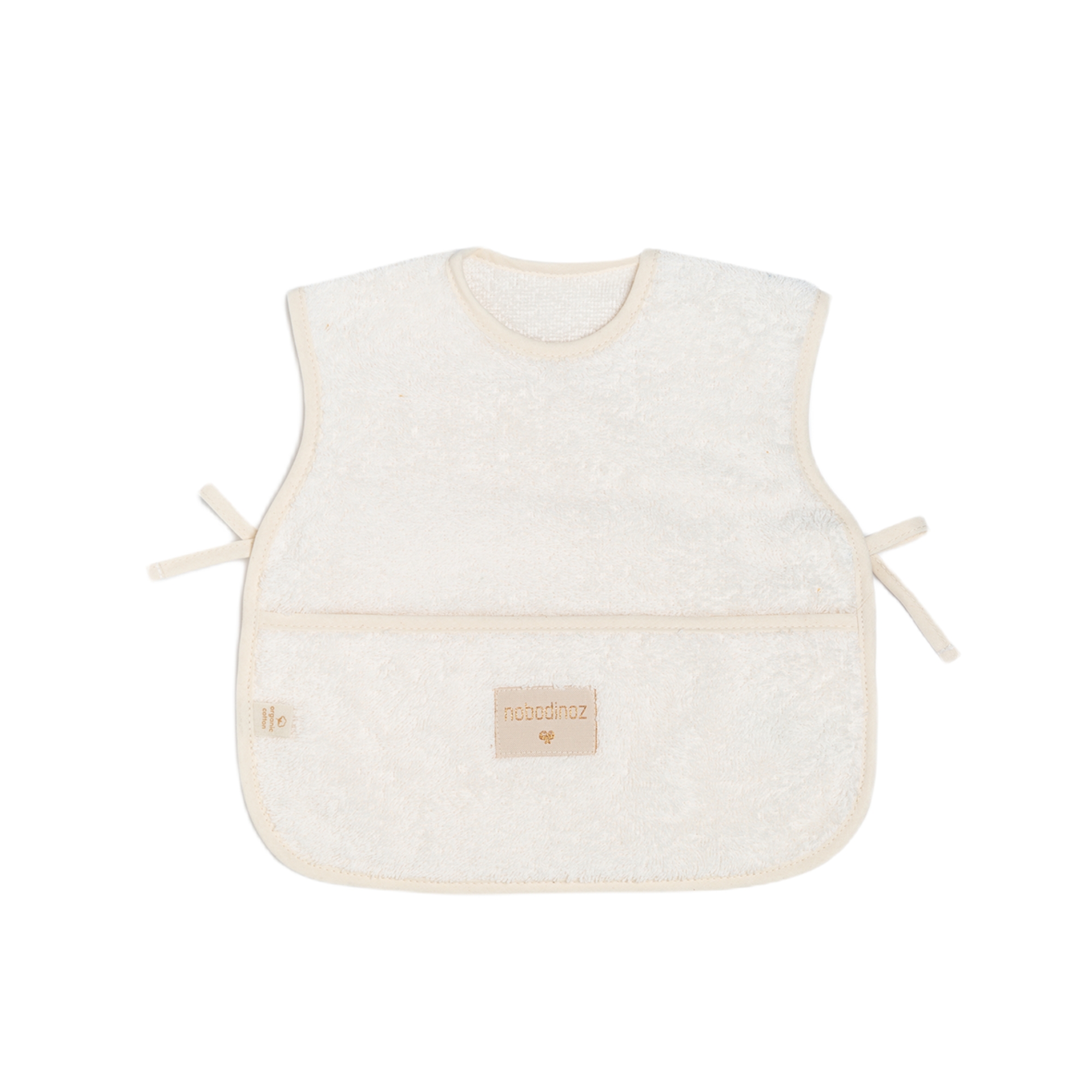 Bavoir tablier bébé Nobodinoz Natural 6-18 mois avec poche récupératrice et fermetures latérales matière éponge de coton bio