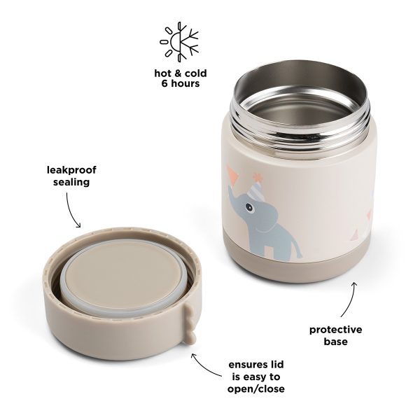 Boite repas isotherme Done by Deer avec annotations : étanchéité, ouverture facile, base protectrice et isolation 6h