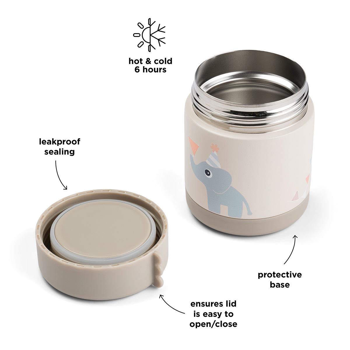 Boite repas isotherme Done by Deer avec annotations : étanchéité, ouverture facile, base protectrice et isolation 6h