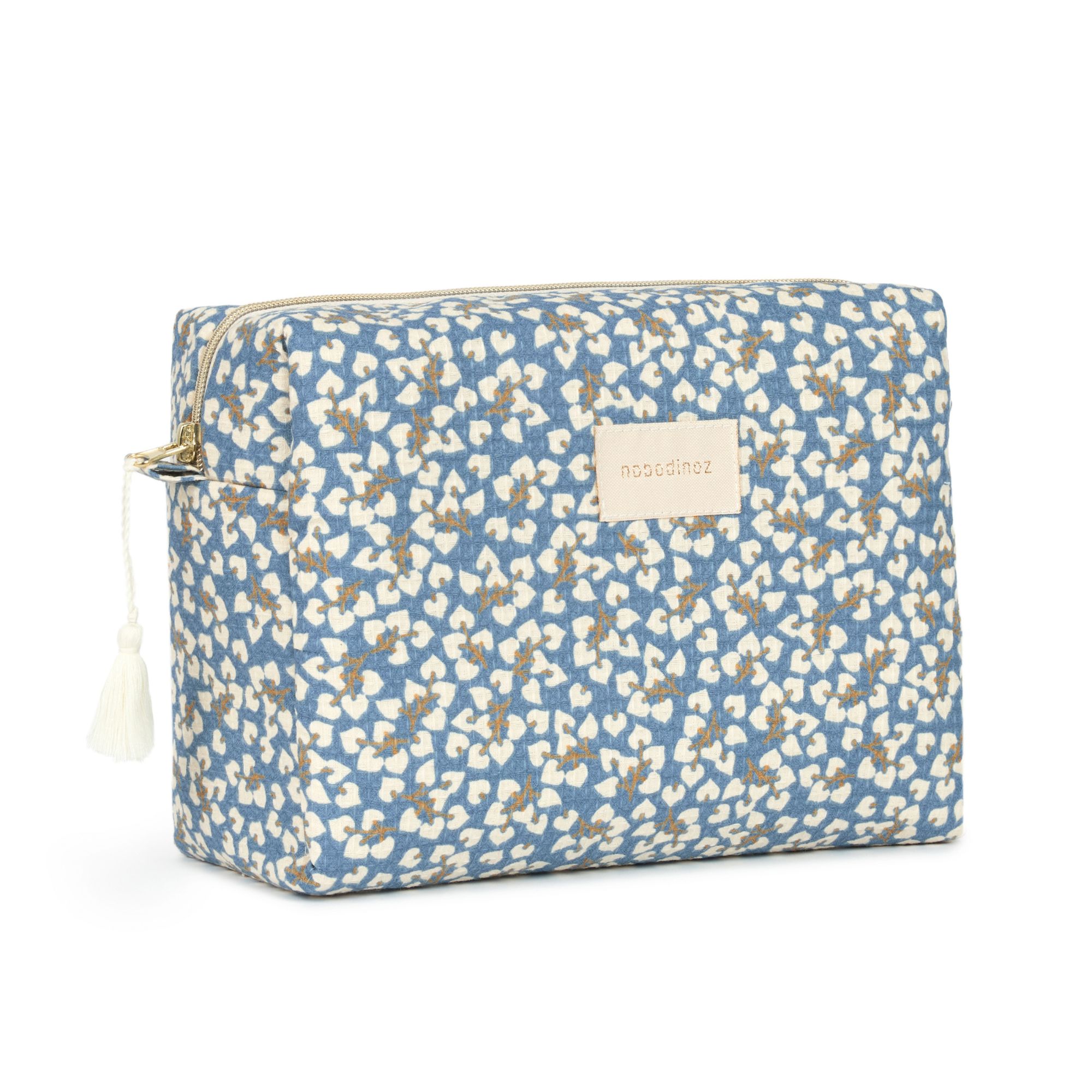 Trousse de toilette Nobodinoz Diva motif Blue Yumiko en coton bio vue d’angle