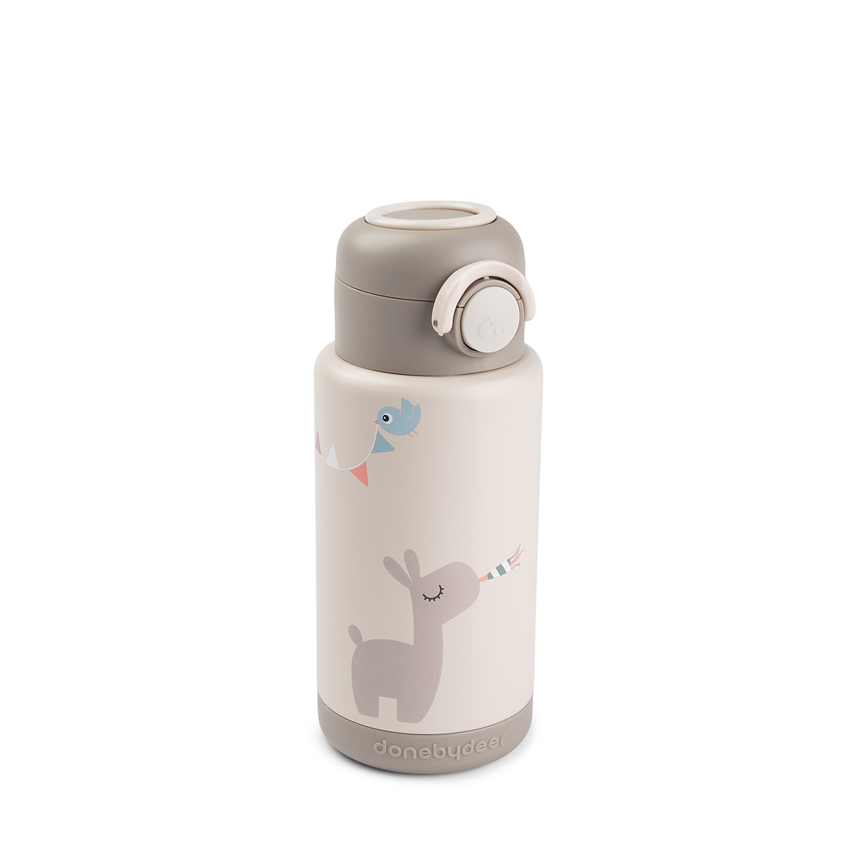 Gourde isotherme 340 ml pour la maternelle Done by Deer avec motif lama et oiseau, coloris sable