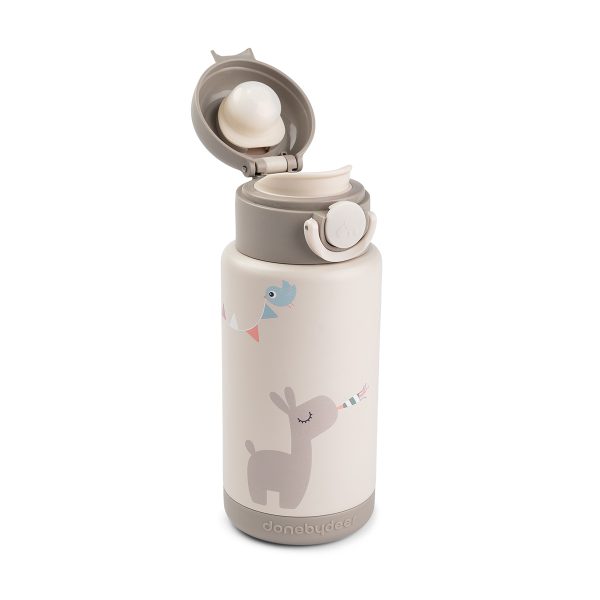 Gourde isotherme Done by Deer ouverte avec embout visible, modèle Celebration sable pour enfant en maternelle