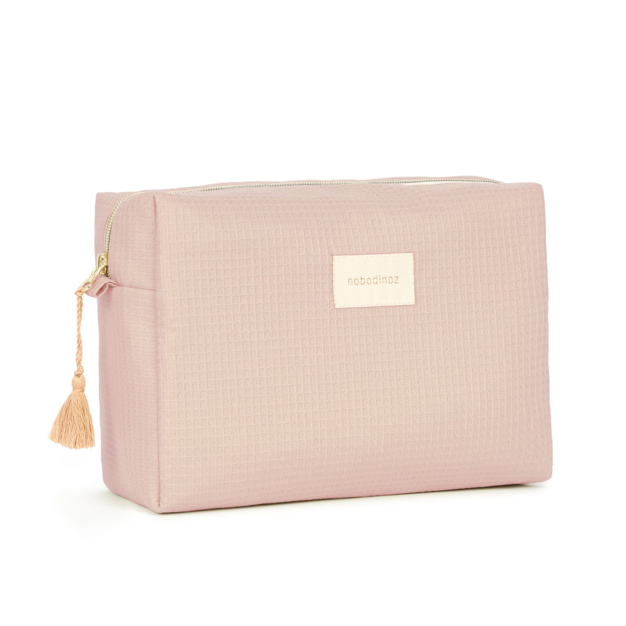 Trousse de toilette Nobodinoz Diva Opera rose pâle en coton bio vue de profil