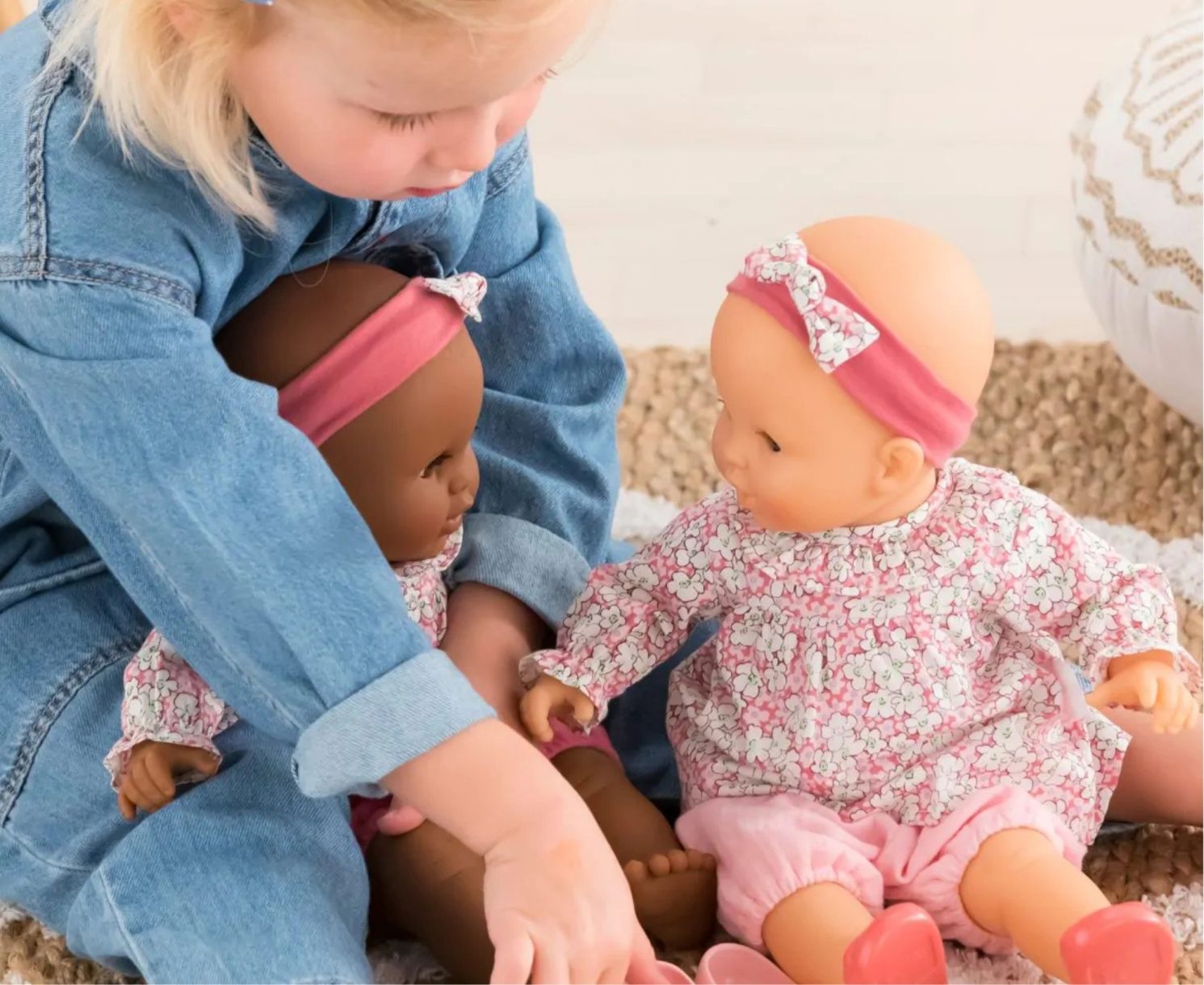 Enfant jouant avec deux poupons Corolle habillés en rose, idée cadeau bébé Noël et jouet d’imitation pour les fêtes
