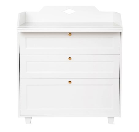 Commode à langer blanc Luca Cam Cam avec 3 tiroirs et poignées en laiton, vue de face