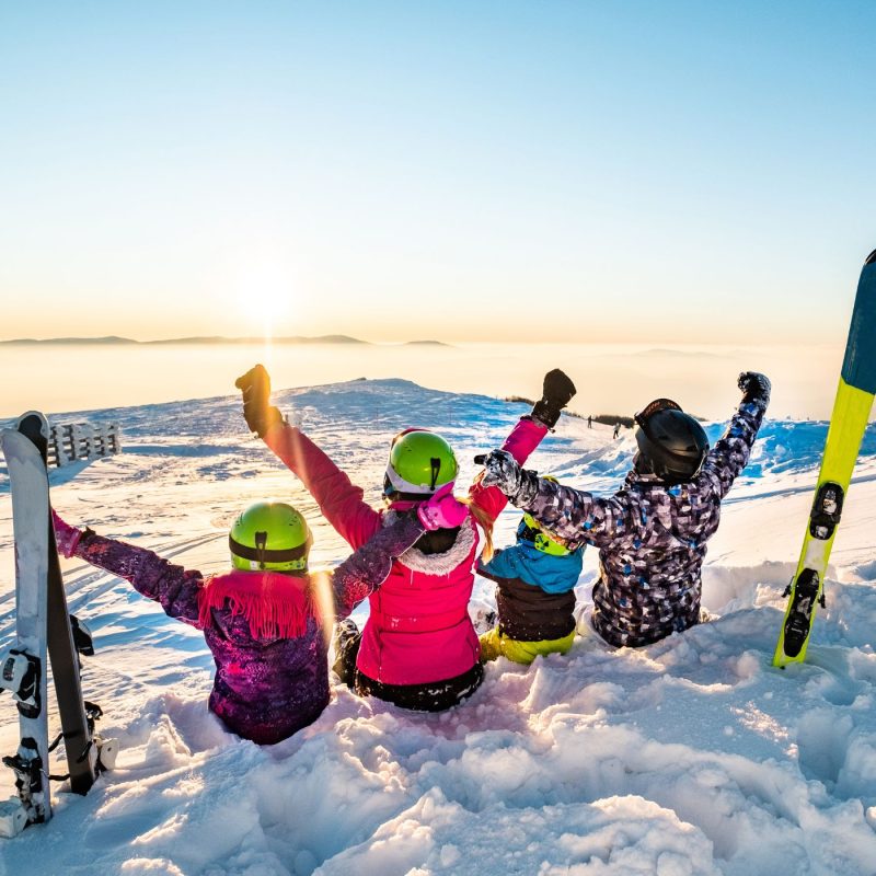 Image d'enfants en vêtements chauds profitant du ski en montagne sous le soleil d’hiver illustrant l'article comment habiller bebe au ski