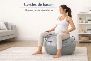 Comment utiliser un ballon de grossesse pour réaliser des cercles de bassin : femme enceinte assise sur le ballon effectuant des mouvements circulaires.