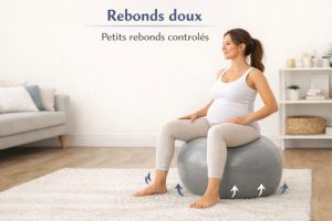 Comment utiliser un ballon de grossesse pour effectuer des rebonds doux : femme enceinte assise sur le ballon réalisant de petits rebonds contrôlés.