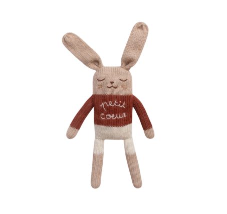 Doudou nouveau né lapin en laine naturelle avec motif petit cœur, tricoté à la main.