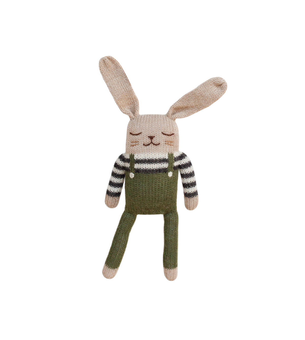 Main Sauvage doudou lapin en salopette olive tricoté à la main